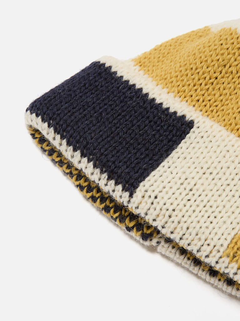 Universal Works Short Watch Cap in Ecru Navy Yellow
