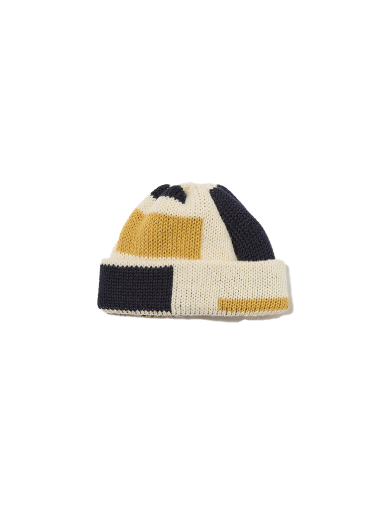 Universal Works Short Watch Cap in Ecru Navy Yellow