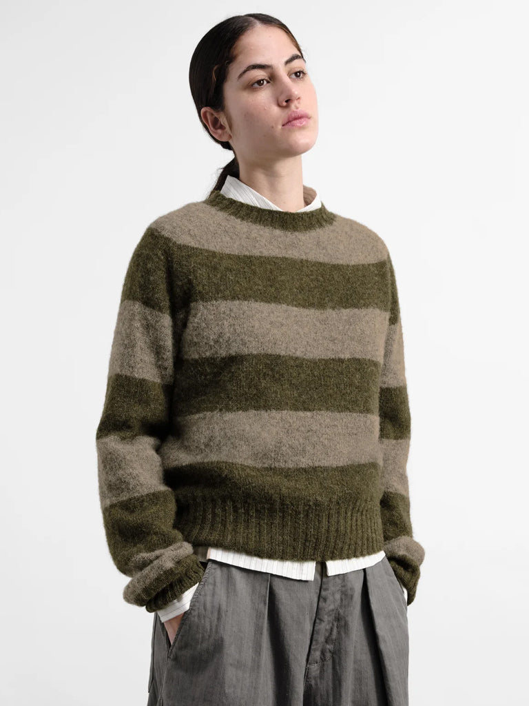 YMC Jets Stripe Sweater in Green Brown