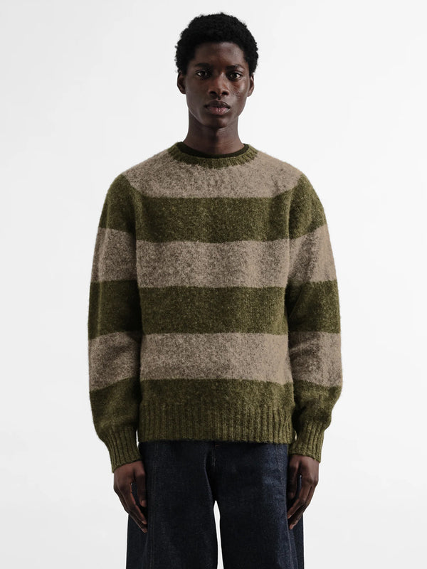 YMC Suedehead Stripe Sweater in Green Brown