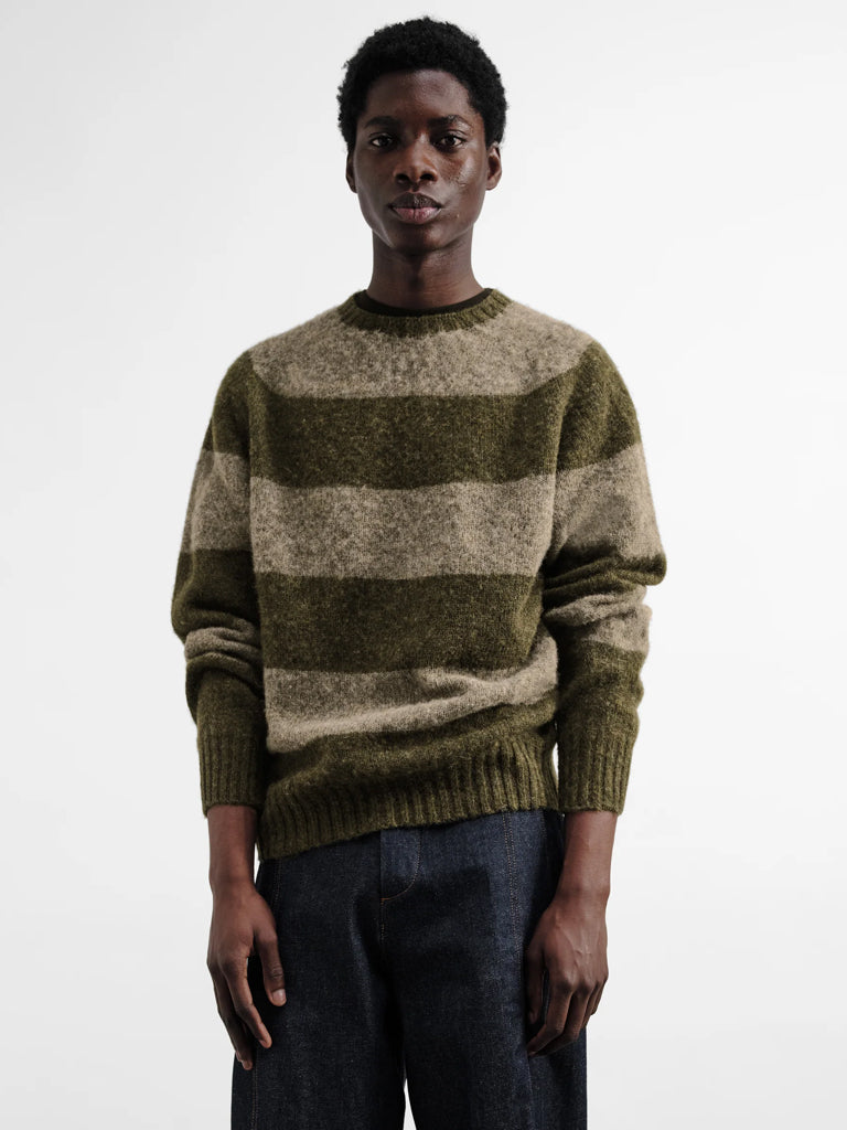 YMC Suedehead Stripe Sweater in Green Brown