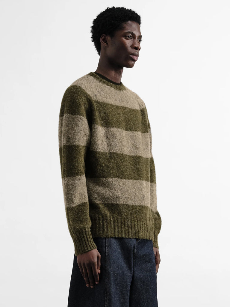 YMC Suedehead Stripe Sweater in Green Brown
