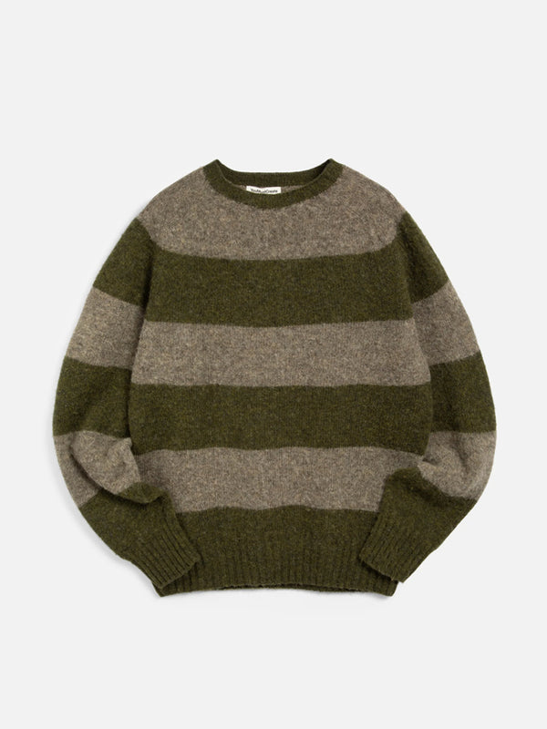 YMC Suedehead Stripe Sweater in Green Brown
