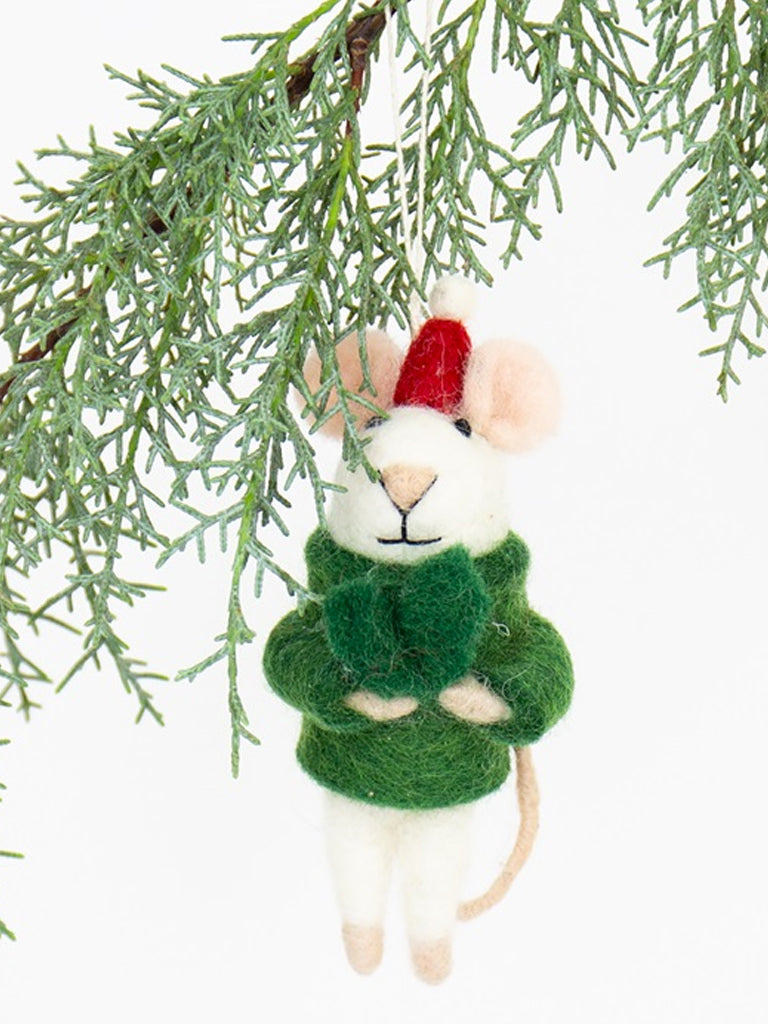 Afro Art Mouse Santa Decoration in White & Green