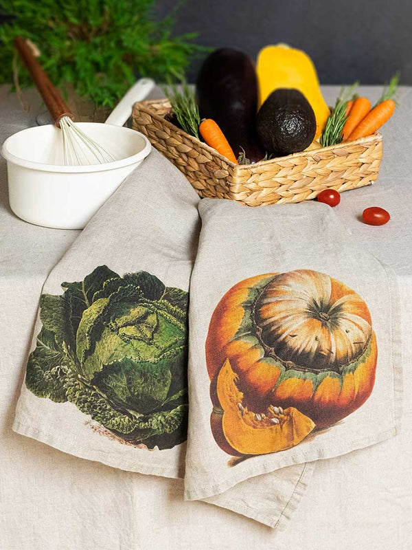 Linoroom Pumpkin & Cabbage Tea Towels in Linen