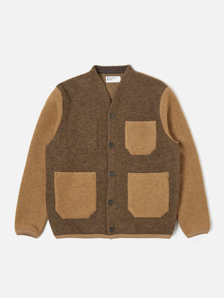 Universal Works Cardigan in Taupe & Brown Wool Fleece
